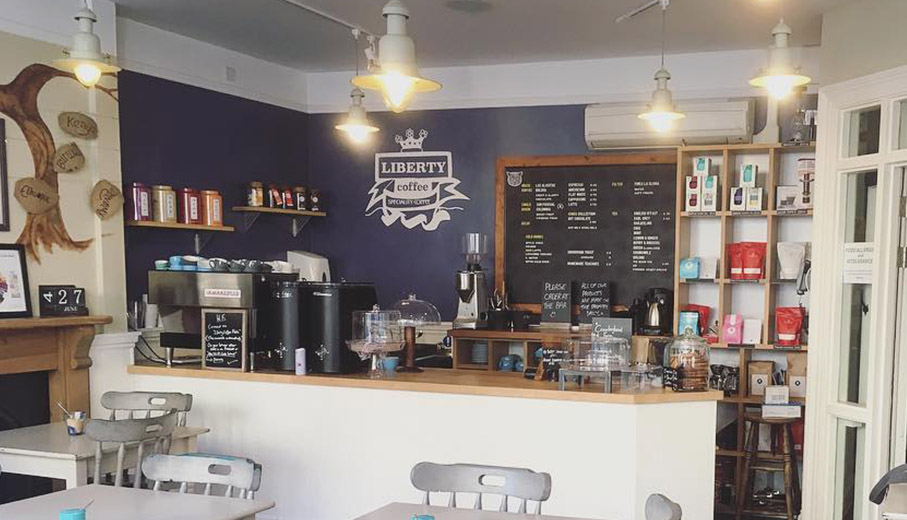 Coffee shop interior project with product display shelving Made in Cornwall